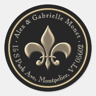 Fleur de Lis Metallic Gold Black Return Address Ronde Sticker