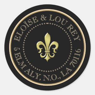 Fleur de Lis Metallic Gold Black Return Address Ronde Sticker