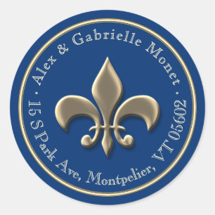 Fleur de Lis Metallic Gold Blue Return-adres Ronde Sticker
