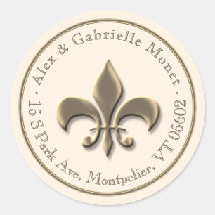 Fleur de Lis Metallic Gold Ivory Return Address Ronde Sticker