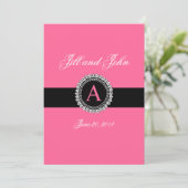 Fleur de Lis Monogram Wedding Invitations Hot Pink Kaart (Staand voorkant)