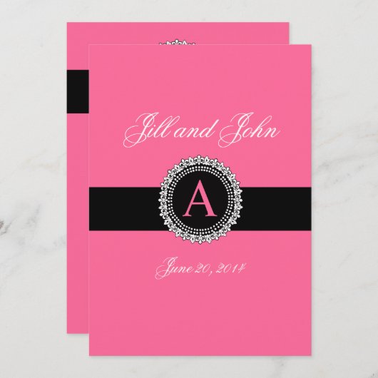 Fleur de Lis Monogram Wedding Invitations Hot Pink Kaart (Voorkant / Achterkant)