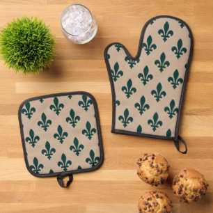 Fleur de Lis motief, Koninklijk Frans Groen op Crè Ovenwant & Pannenlap Set