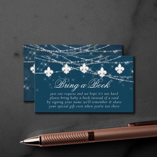Fleur de Lis Navy Blue Lights | Baby een boek bren Informatiekaartje