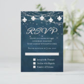 Fleur de Lis Navy Blue Lights | Rustic Boho Chic RSVP Kaartje (Staand voorkant)