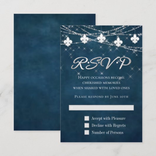 Fleur de Lis Navy Blue Lights | Rustic Boho Chic RSVP Kaartje (Voorkant / Achterkant)