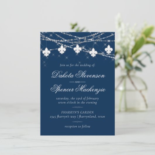 Fleur de Lis Navy Blue Lights | Rustic Wedding Kaart (Staand voorkant)