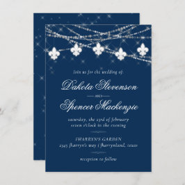 Fleur de Lis Navy Blue Lights | Rustic Wedding Kaart