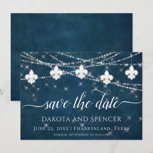 Fleur de Lis Navy Blue Lights | Rustic Wedding Save The Date (Voorkant / Achterkant)