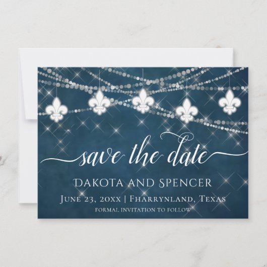 Fleur de Lis Navy Blue Lights | Rustic Wedding Save The Date (Voorkant)