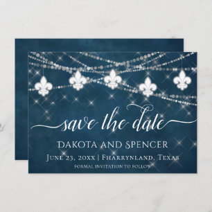 Fleur de Lis Navy Blue Lights   Rustic Wedding Save The Date