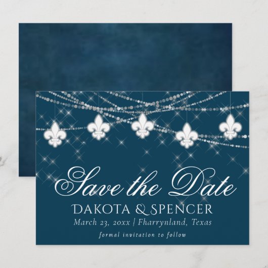 Fleur de Lis Navy Blue Lights | Rustic Wedding Save The Date (Voorkant / Achterkant)