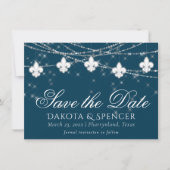 Fleur de Lis Navy Blue Lights | Rustic Wedding Save The Date (Voorkant)
