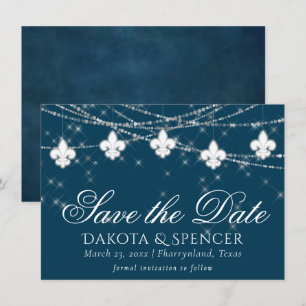 Fleur de Lis Navy Blue Lights   Rustic Wedding Save The Date