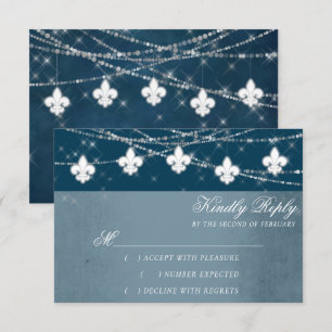Fleur de Lis Navy Blue Lights   Rustiek schrift RSVP Kaartje