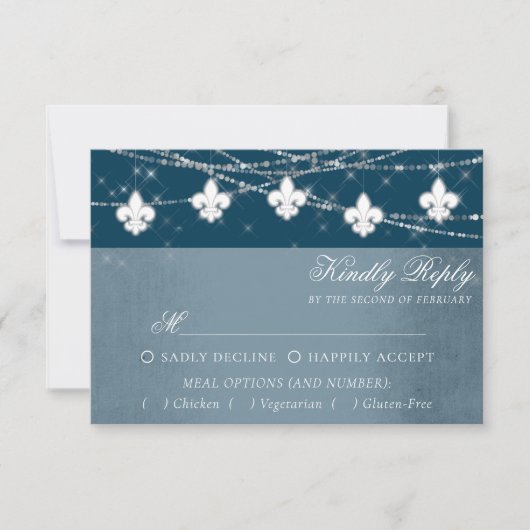 Fleur de Lis Navy Blue Lights | Rustieke maaltijdk RSVP Kaartje (Voorkant)