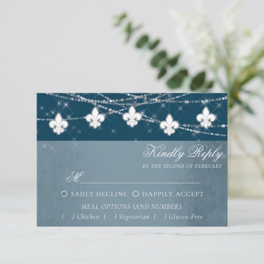 Fleur de Lis Navy Blue Lights | Rustieke maaltijdk RSVP Kaartje (Staand voorkant)
