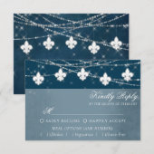 Fleur de Lis Navy Blue Lights | Rustieke maaltijdk RSVP Kaartje (Voorkant / Achterkant)