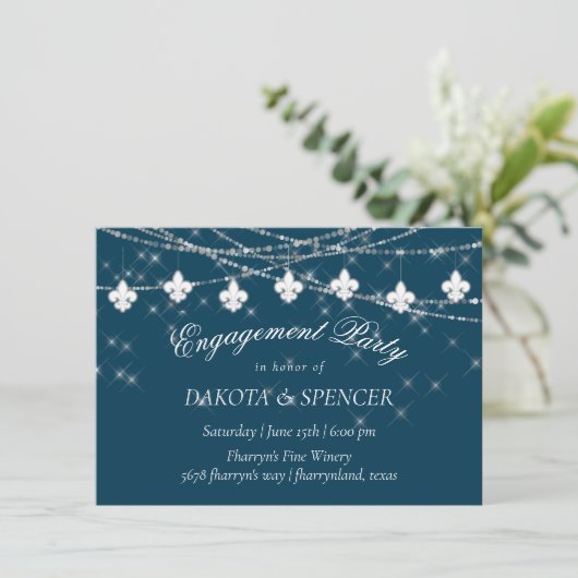 Fleur de Lis Navy Blue Lights | Rustisch Verloving Kaart (Staand voorkant)