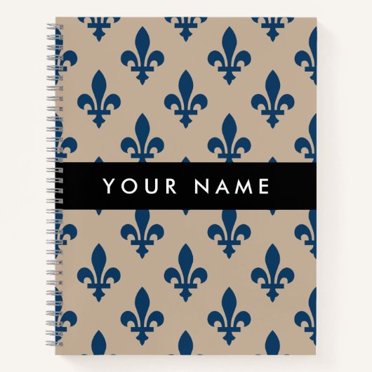 Fleur de Lis, Navy Blue on Beige, Royal, Your Name Notitieboek (Voorkant)