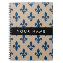 Fleur de Lis, Navy Blue on Beige, Royal, Your Name
