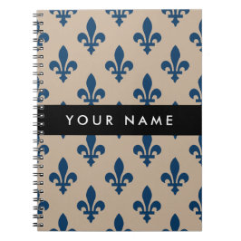 Fleur de Lis, Navy Blue on Beige, Royal, Your Name Notitieboek
