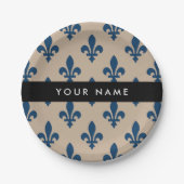 Fleur de Lis, Navy Blue on Beige, Royal, Your Name Papieren Bordje (Voorkant)