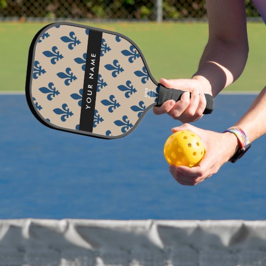Fleur de Lis, Navy Blue on Beige, Royal, Your Name Pickleball Paddle (Insitu)