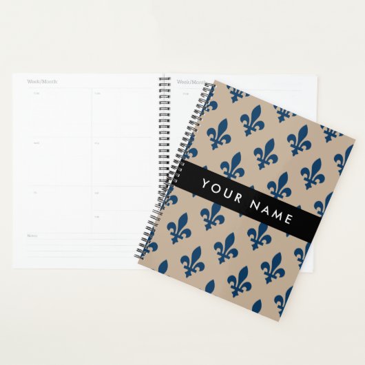 Fleur de Lis, Navy Blue on Beige, Royal, Your Name Planner (Display)