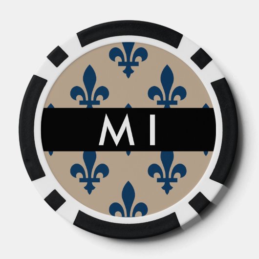 Fleur de Lis, Navy Blue on Beige, Royal, Your Name Poker Chips (Achterkant)