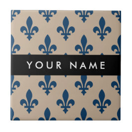 Fleur de Lis, Navy Blue on Beige, Royal, Your Name Tegeltje