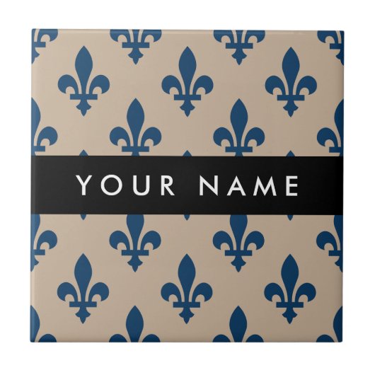 Fleur de Lis, Navy Blue on Beige, Royal, Your Name Tegeltje (Voorkant)