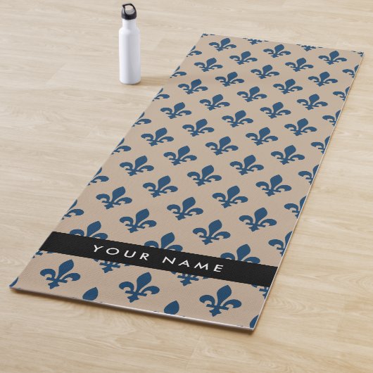 Fleur de Lis, Navy Blue on Beige, Royal, Your Name Yogamat (In situ)