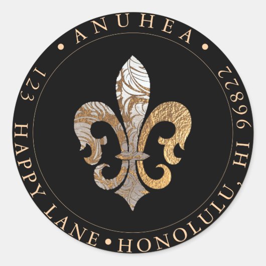 FLEUR DE LIS | NEPGULDEN DAMAST RONDE STICKER (Voorkant)