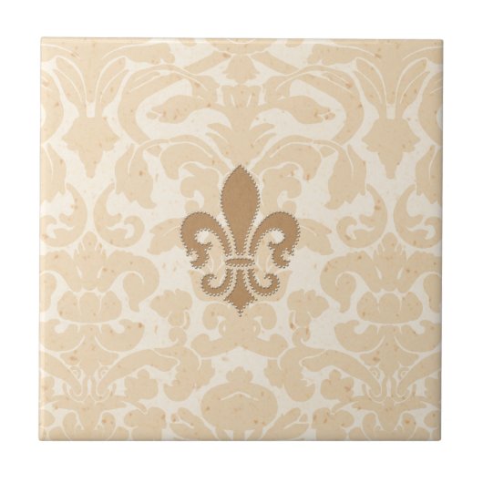 Fleur de Lis op Beige Damask Tegeltje (Voorkant)