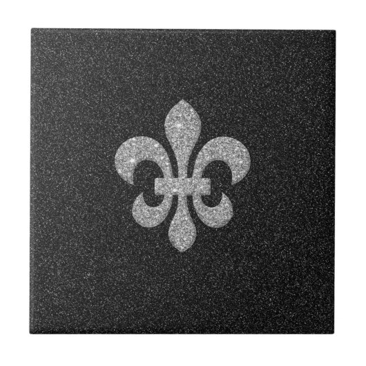 "fleur de lis" op een zwarte witte glittery-effect tegeltje (Voorkant)
