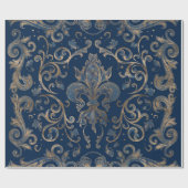 Fleur-de-lis ornament Blue Marble and Gold Cadeaupapier (Vlak)