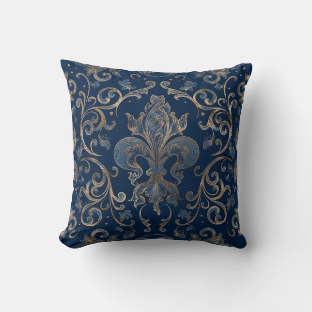 Fleur-de-lis ornament Blue Marble and Gold Kussen (Voorkant)