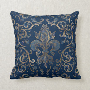 Fleur-de-lis ornament Blue Marble and Gold Kussen