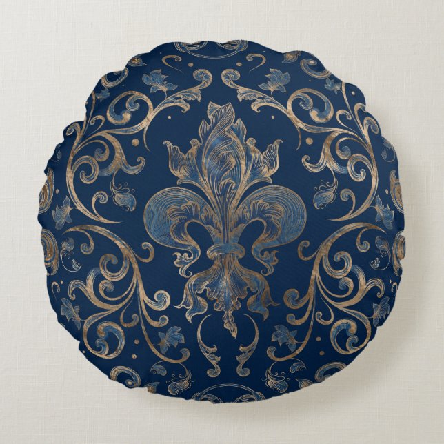 Fleur-de-lis ornament Blue Marble and Gold Rond Kussen (Voorkant)