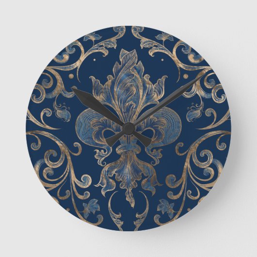 Fleur-de-lis ornament Blue Marble and Gold Ronde Klok (Voorkant)