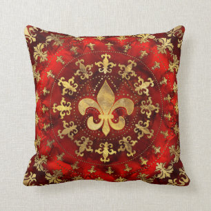 Fleur-de-lis ornament Red Marble and Gold Kussen