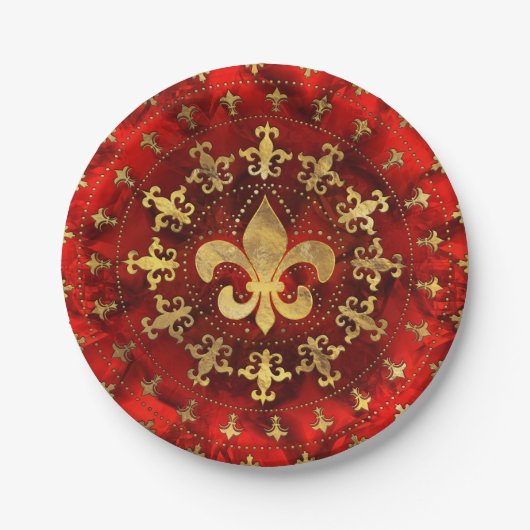 Fleur-de-lis ornament Red Marble and Gold Papieren Bordje (Voorkant)