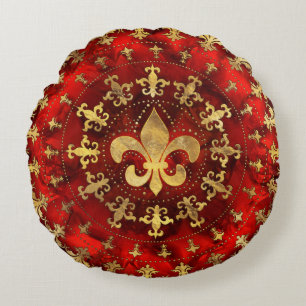 Fleur-de-lis ornament Red Marble and Gold Rond Kussen