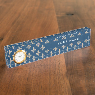 Fleur de Lis Patroon, Frans, Royal, Crème, Blauw Naambordje