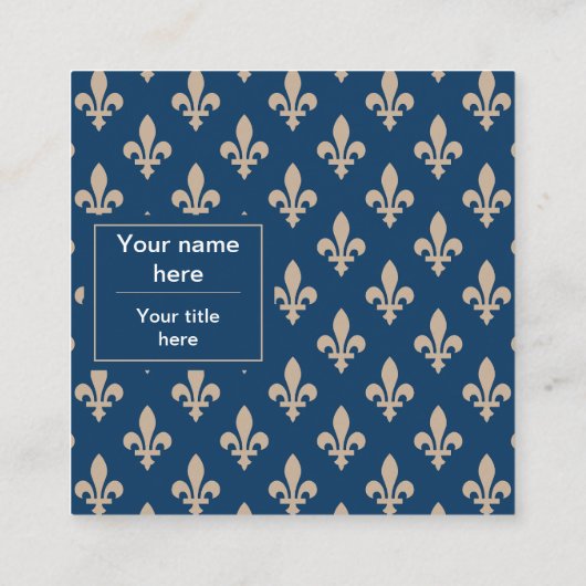 Fleur de Lis Patroon, Frans, Royal, Crème, Blauw Vierkante Visitekaartje (Achterkant)