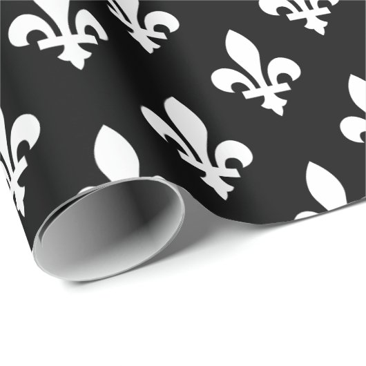 Fleur de Lis Patroon, Koninklijk Frans, Wit op Zwa Cadeaupapier (Rol Hoek)