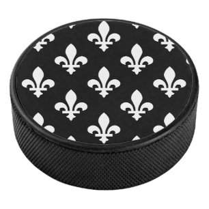 Fleur de Lis Patroon, Koninklijk Frans, Wit op Zwa Hockey Puck