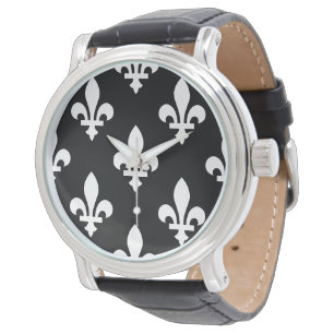 Fleur de Lis Patroon, Koninklijk Frans, Wit op Zwa Horloge