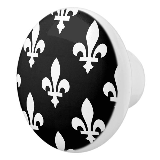 Fleur de Lis Patroon, Koninklijk Frans, Wit op Zwa Keramische Knop (Rechts)
